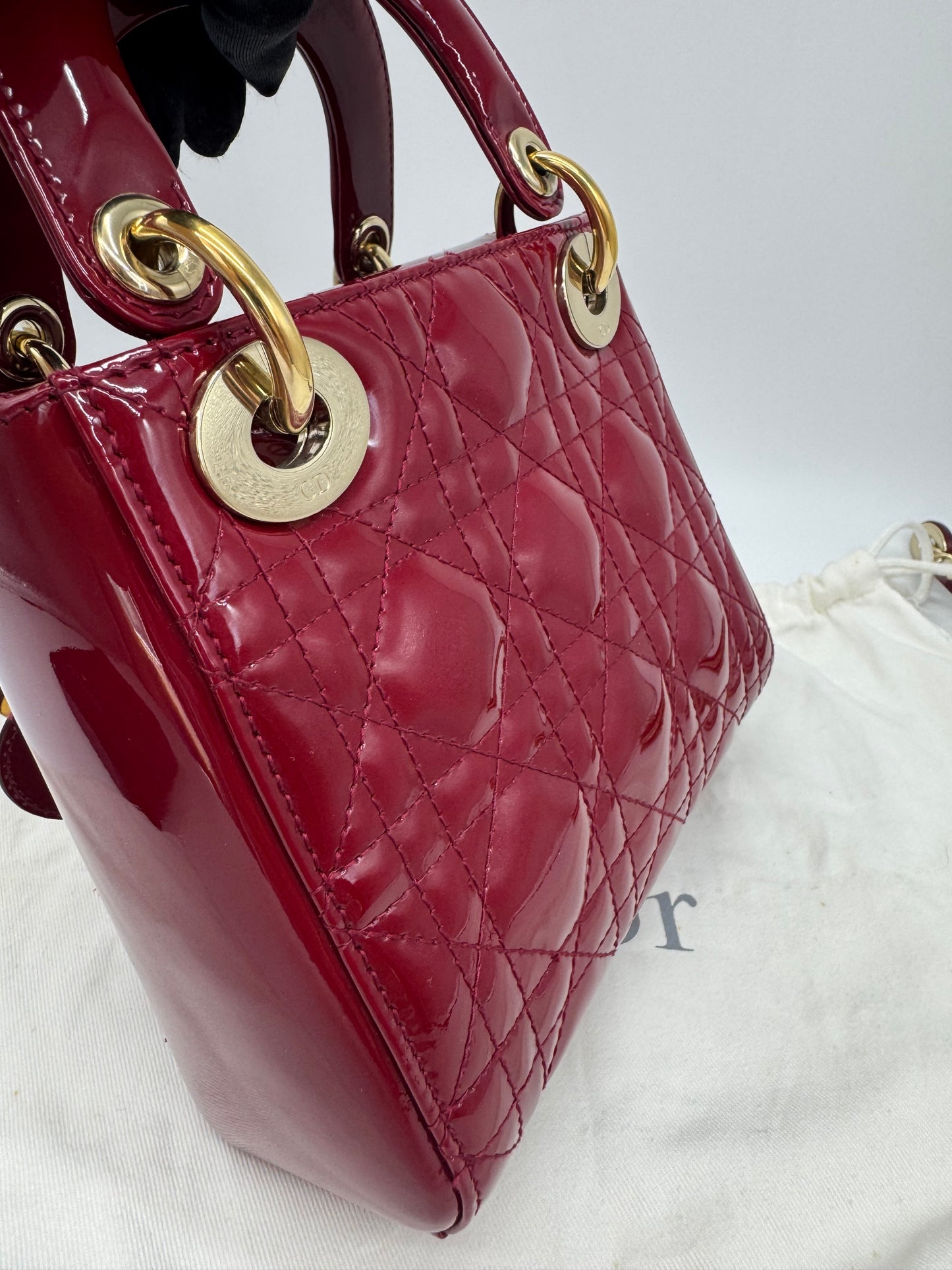 Pre-owned Certified Lady Dior Mini Dark Cherry Red Patent Leather Golden Hardware, 2017, w/ full set