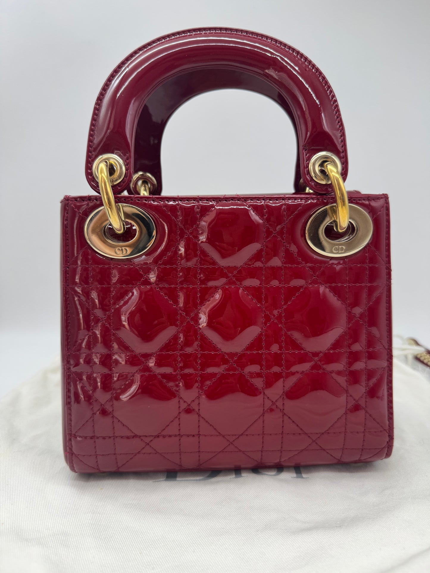 Pre-owned Certified Lady Dior Mini Dark Cherry Red Patent Leather Golden Hardware, 2017, w/ full set