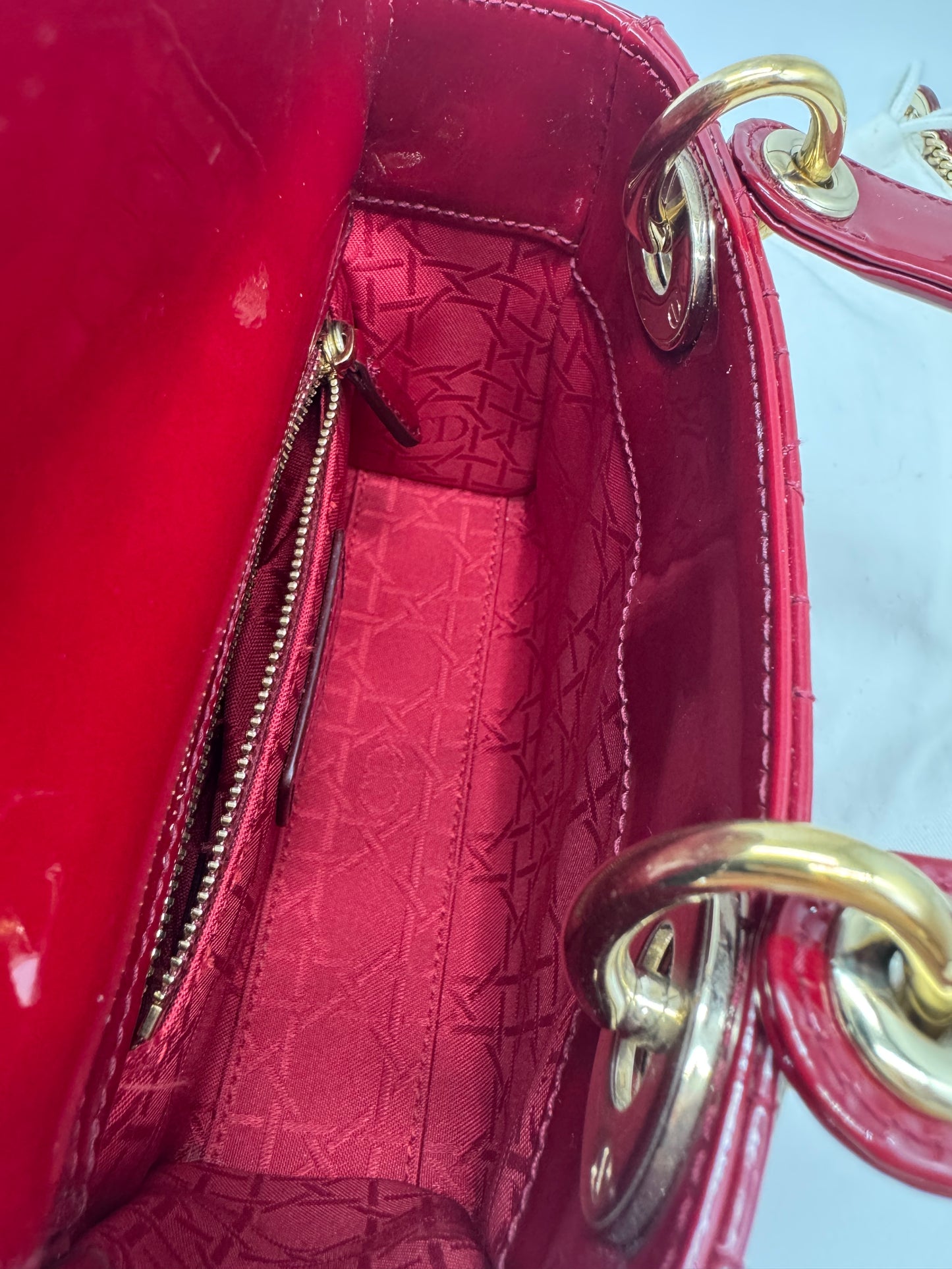 Pre-owned Certified Lady Dior Mini Dark Cherry Red Patent Leather Golden Hardware, 2017, w/ full set