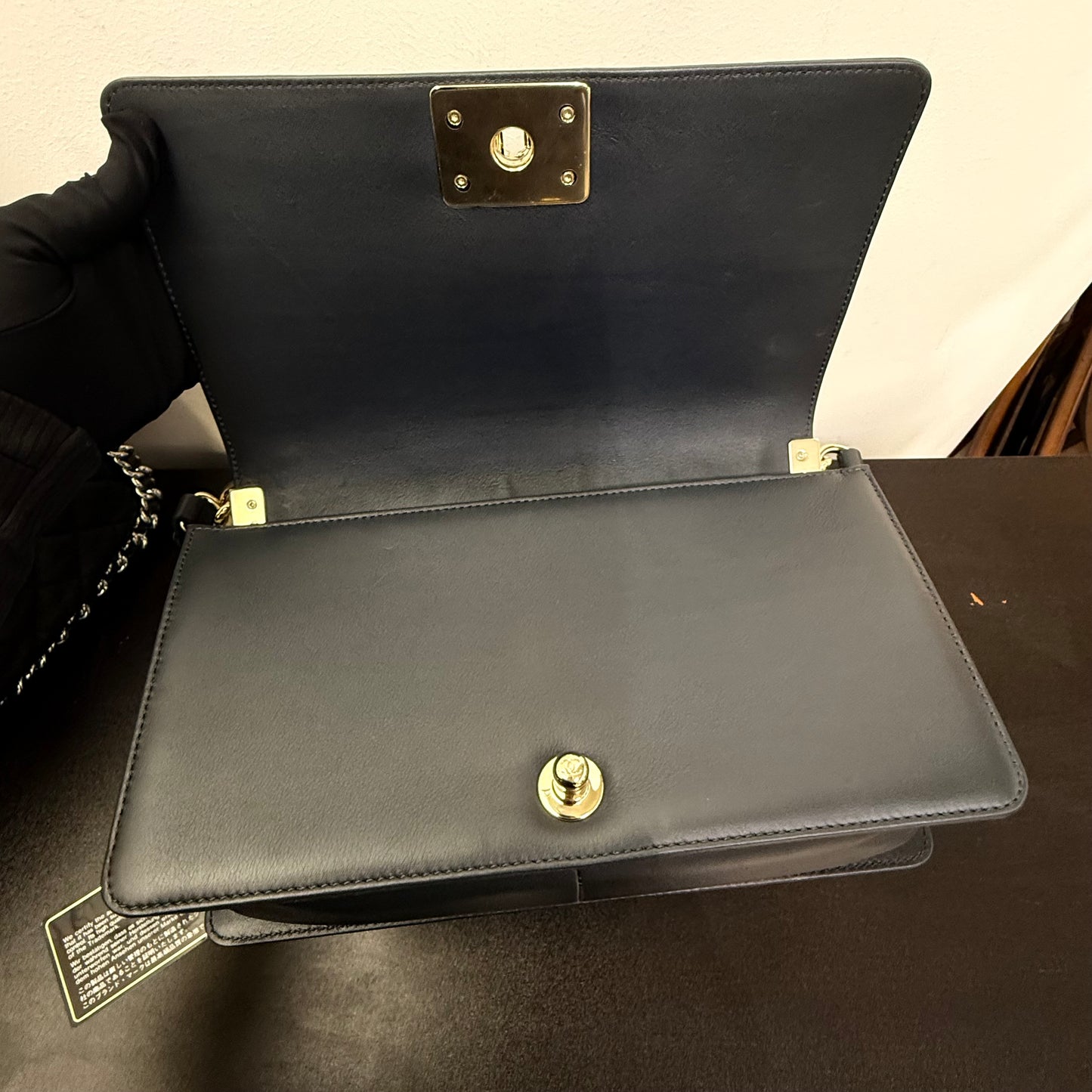 Pre-owned Chanel Medium Boy Bag Dark Grey Calfskin with Golden Hardware, 2019-2020, Full Set