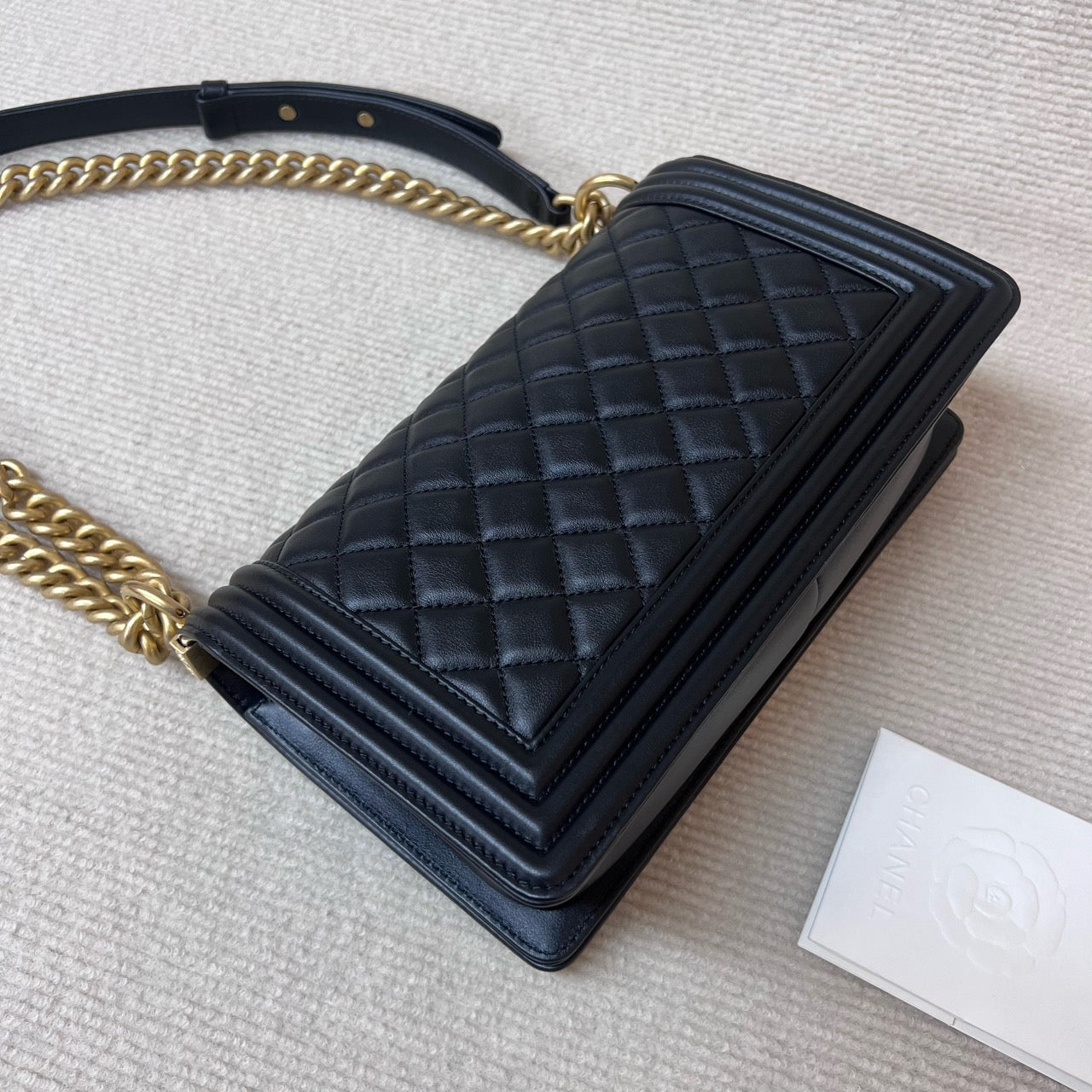 Pre-owned Chanel Le Boy Medium Black Calfskin Golden Hw, Microchipped, Full Set