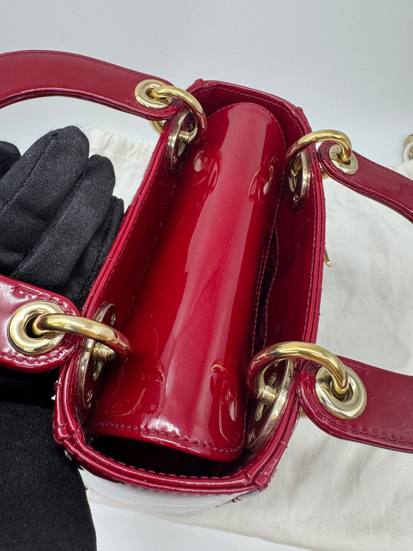 Pre-owned Certified Lady Dior Mini Dark Cherry Red Patent Leather Golden Hardware, 2017, w/ full set