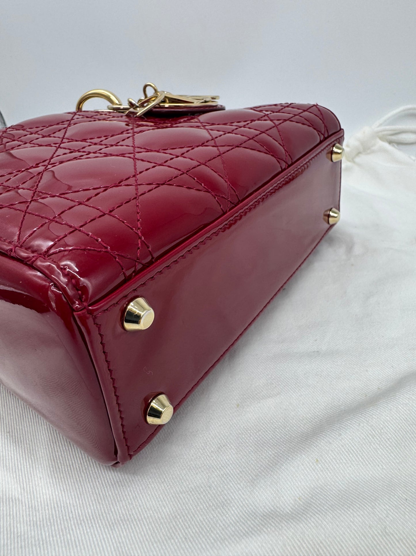 Pre-owned Certified Lady Dior Mini Dark Cherry Red Patent Leather Golden Hardware, 2017, w/ full set