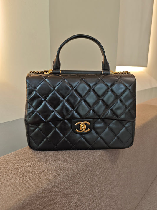 Pre-owned Certified Chanel Flap Messenger Bag Black Shiny Calfskin Golden Hw, 2016, w/ dust bag