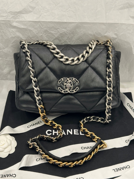 Pre-owned Certified Chanel 19Bag Small Black Lambskin Silver Hardware, 2022 microchipped, w/ full set