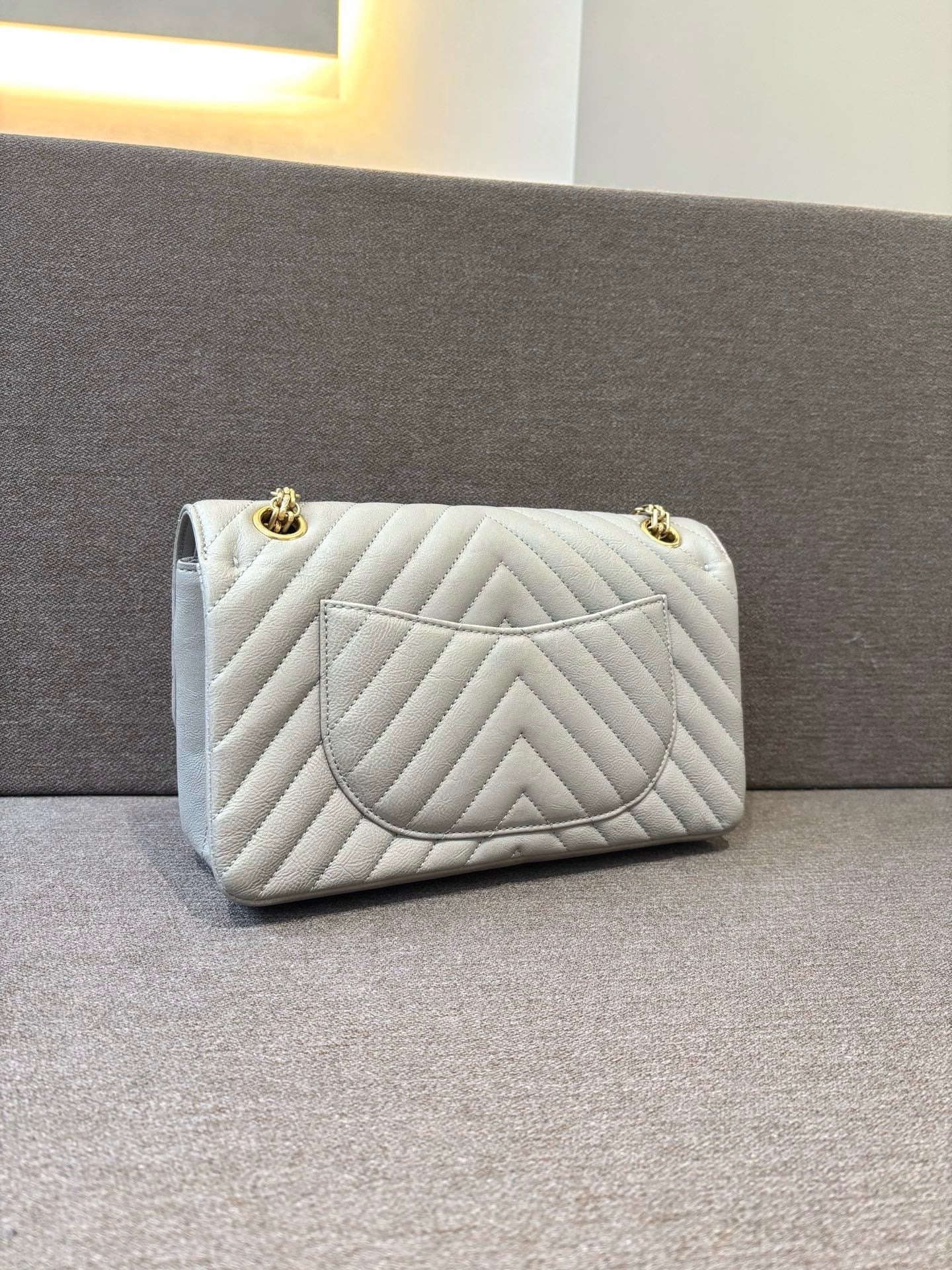 Pre-owned Certified Chanel Full Set Medium 2.55 Reissue Light Grey Chevron Quilted Leather Golden Hw,