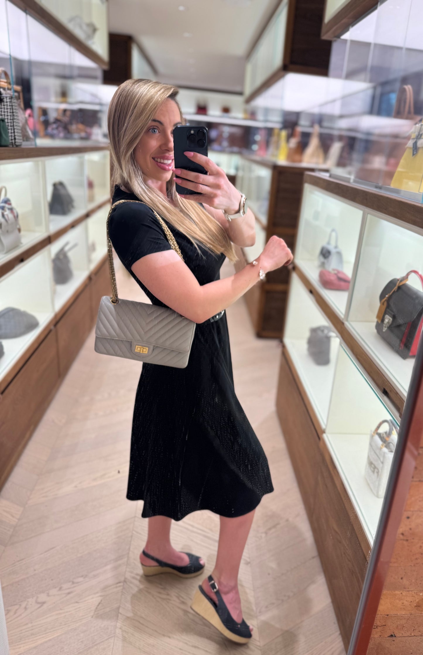 Pre-owned Certified Chanel Full Set Medium 2.55 Reissue Light Grey Chevron Quilted Leather Golden Hw,