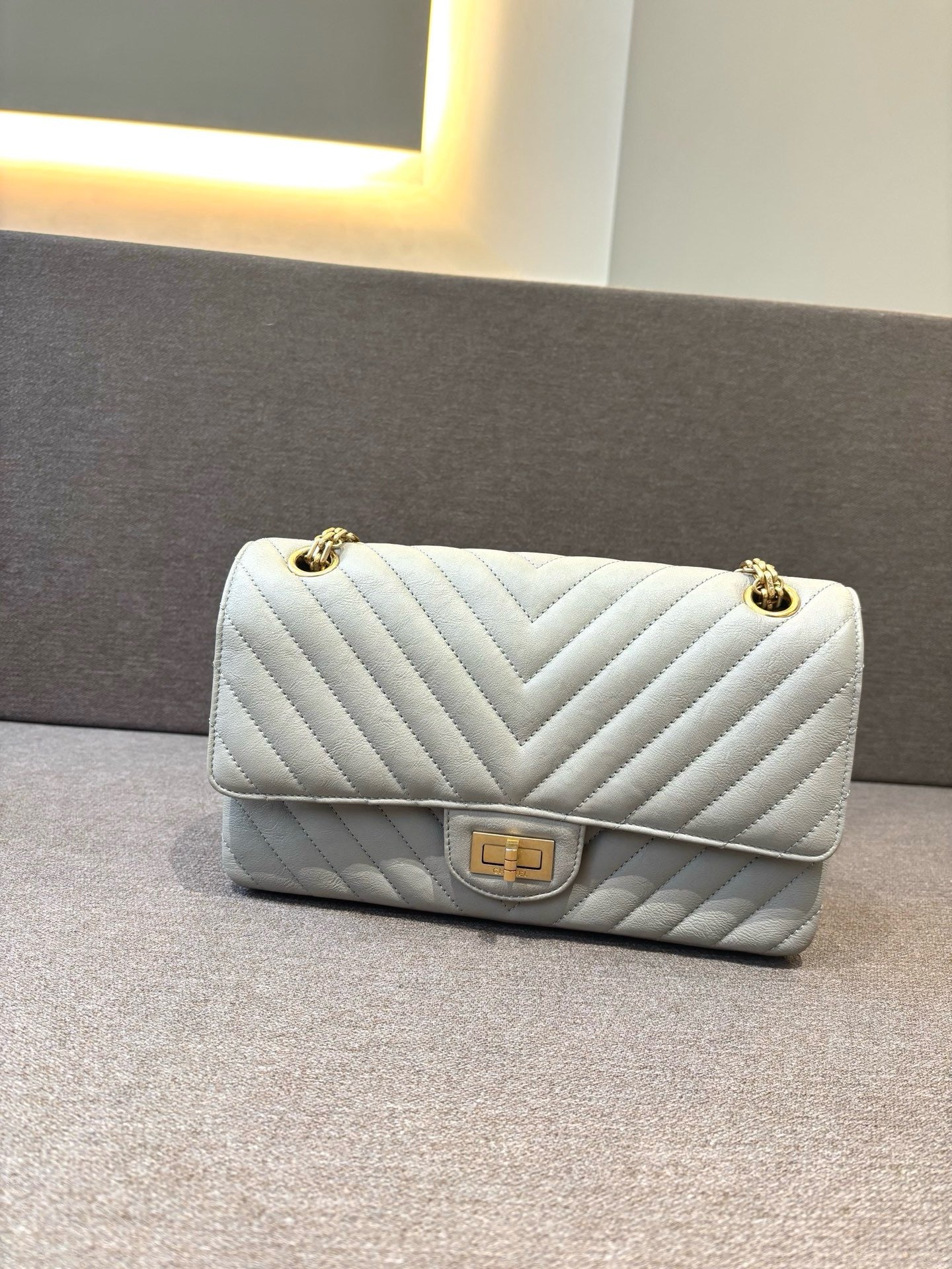 Pre-owned Certified Chanel Full Set Medium 2.55 Reissue Light Grey Chevron Quilted Leather Golden Hw,