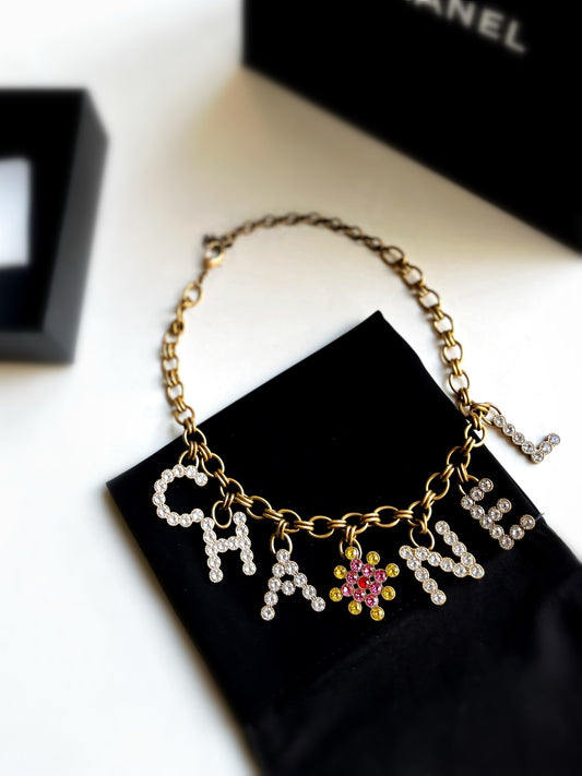 Pre-owned Certified Chanel Golden CHANEL Logo Crystal Necklace