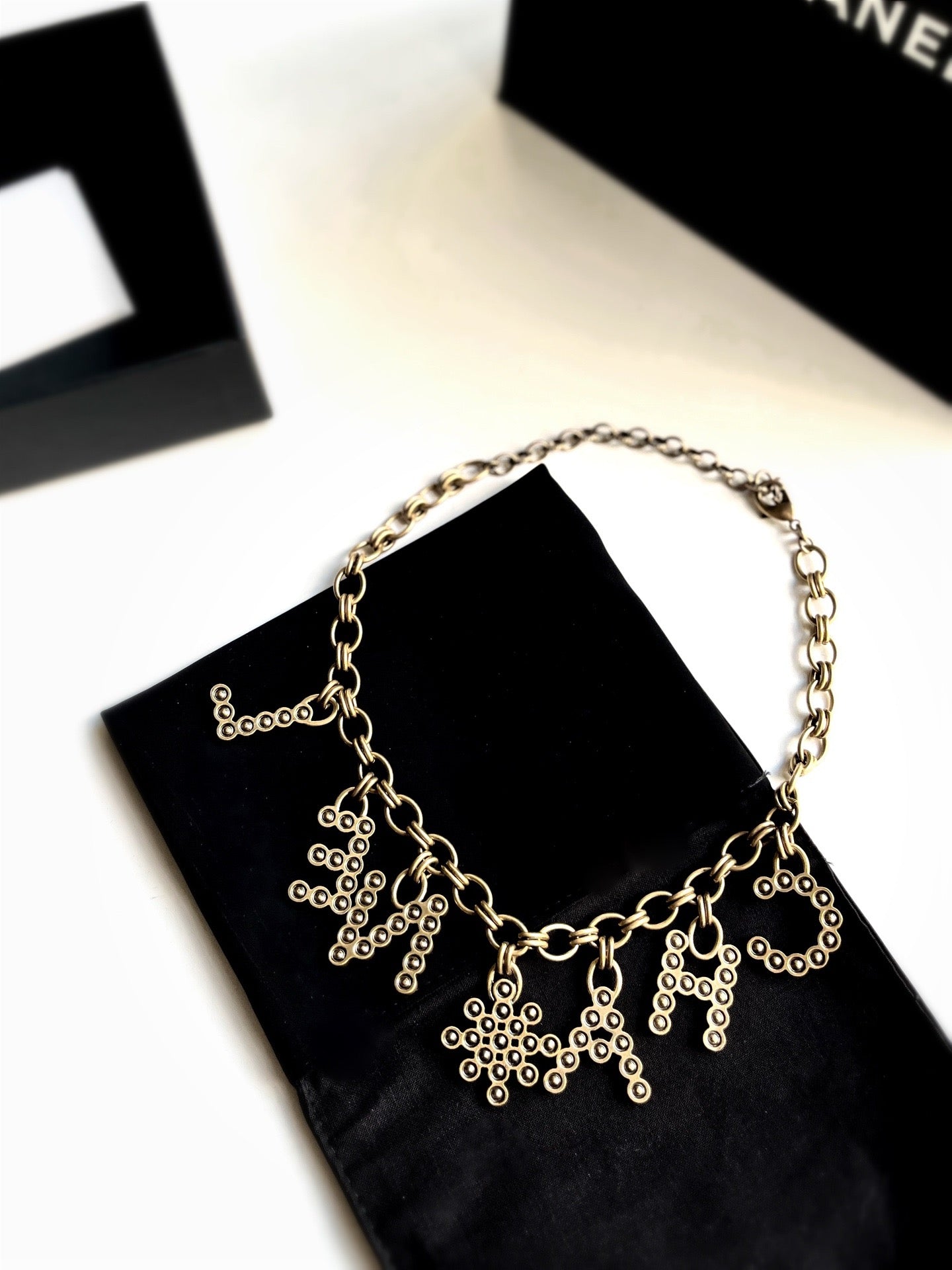 Pre-owned Certified Chanel Golden CHANEL Logo Crystal Necklace