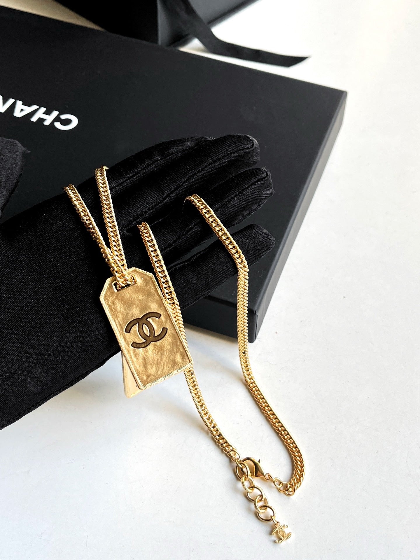 Pre-owned Certified Chanel Golden ID Dog Tag Necklace 31 Rue Cambon, w/ box