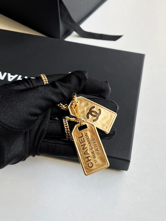 Pre-owned Certified Chanel Golden ID Dog Tag Necklace 31 Rue Cambon, w/ box