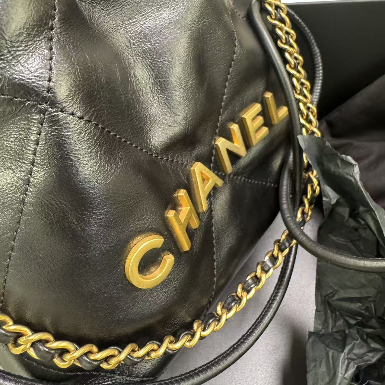 Pre-owned Certified Chanel Mini 22Bag Black Lambskin Golden Hw, Microchipped, w/ Full Set - Box, dust bag
