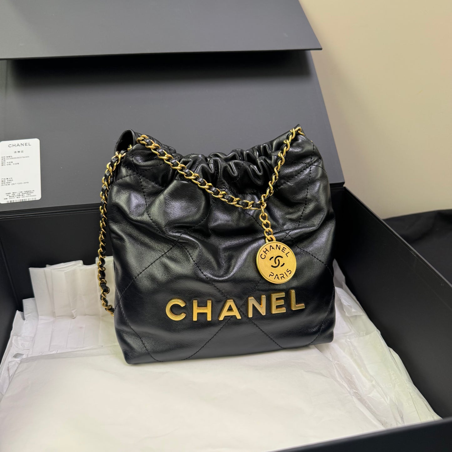 Pre-owned Certified Chanel Mini 22Bag Black Lambskin Golden Hw, Microchipped, w/ Full Set - Box, dust bag
