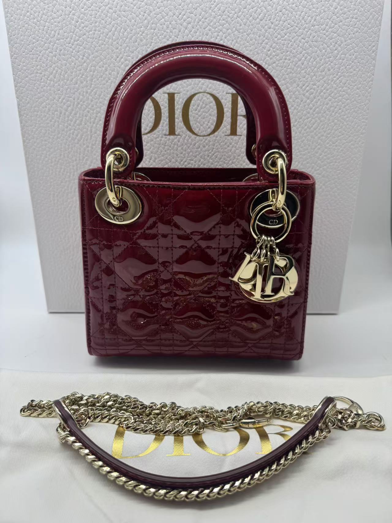 Pre-owned Certified Dior Mini Lady Dior in Dark Red Patent Leather with Golden Hardware, 2019, w/ Full set