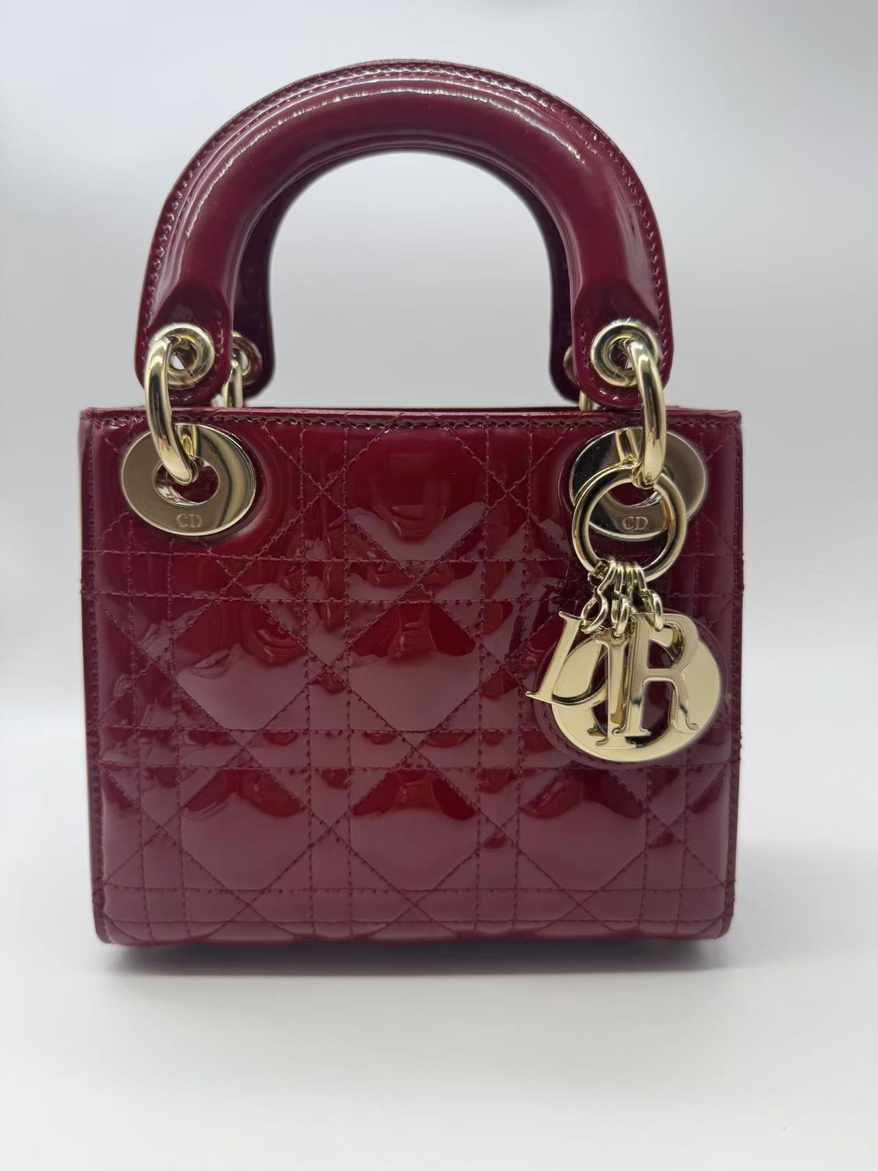 Pre-owned Certified Dior Mini Lady Dior in Dark Red Patent Leather with Golden Hardware, 2019, w/ Full set