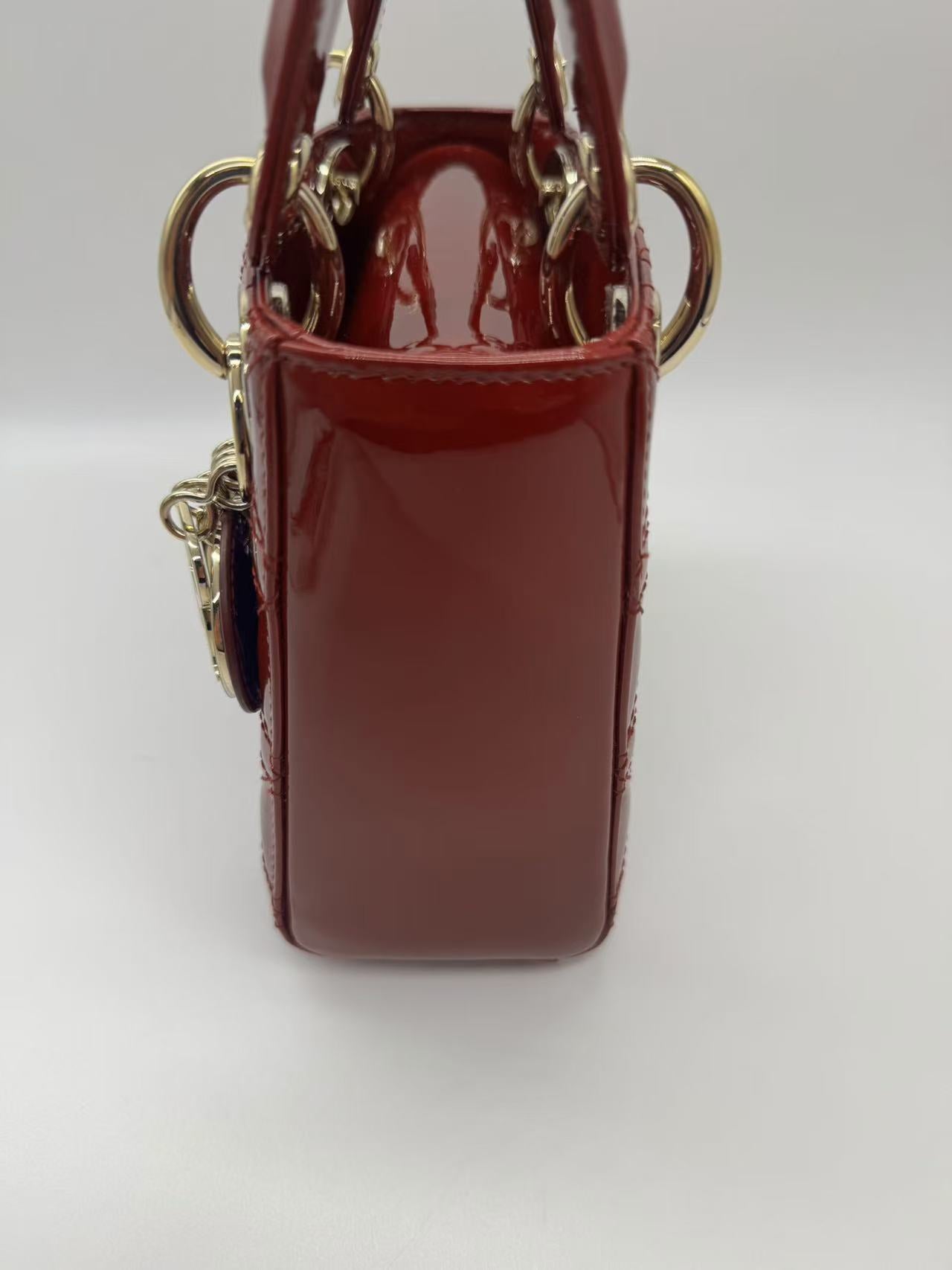 Pre-owned Certified Dior Mini Lady Dior in Dark Red Patent Leather with Golden Hardware, 2019, w/ Full set