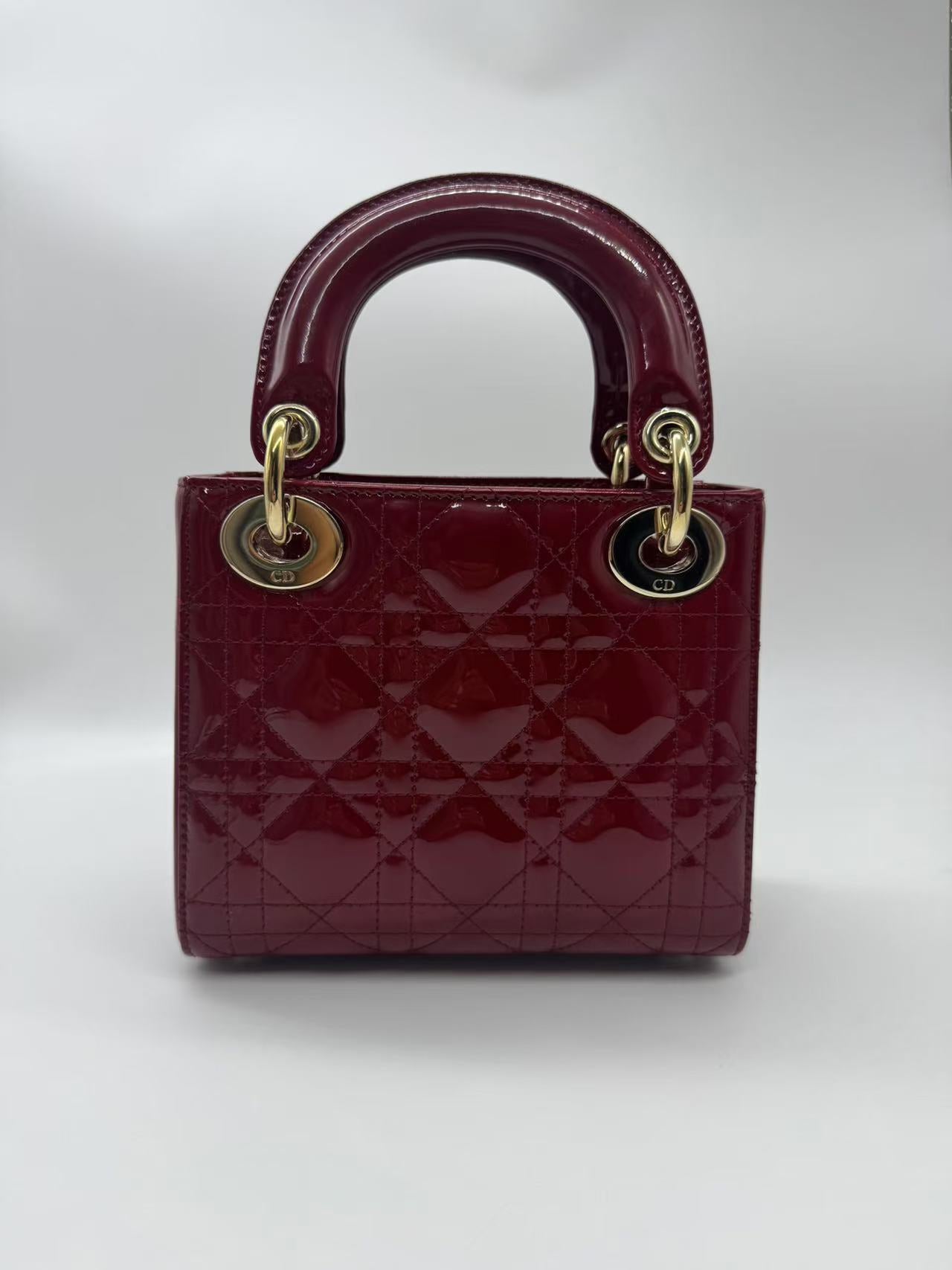 Pre-owned Certified Dior Mini Lady Dior in Dark Red Patent Leather with Golden Hardware, 2019, w/ Full set