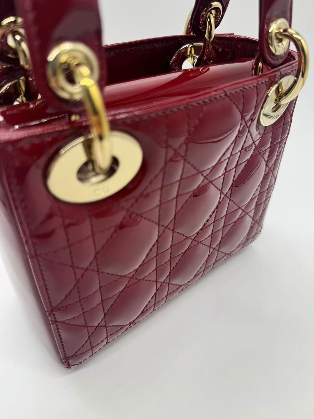 Pre-owned Certified Dior Mini Lady Dior in Dark Red Patent Leather with Golden Hardware, 2019, w/ Full set