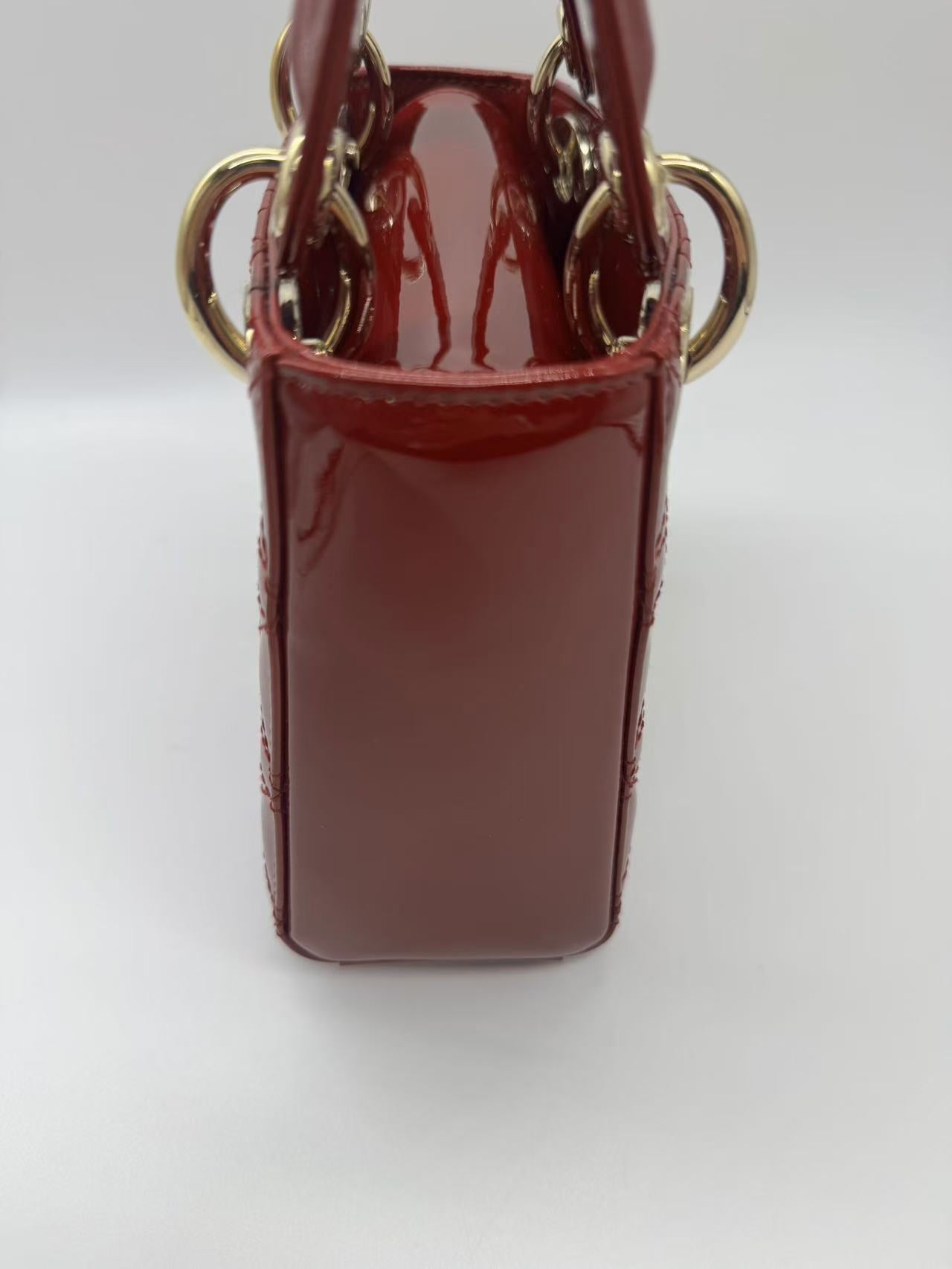 Pre-owned Certified Dior Mini Lady Dior in Dark Red Patent Leather with Golden Hardware, 2019, w/ Full set
