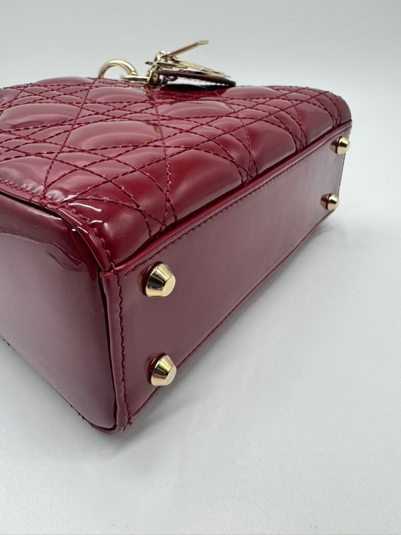 Pre-owned Certified Dior Mini Lady Dior in Dark Red Patent Leather with Golden Hardware, 2019, w/ Full set