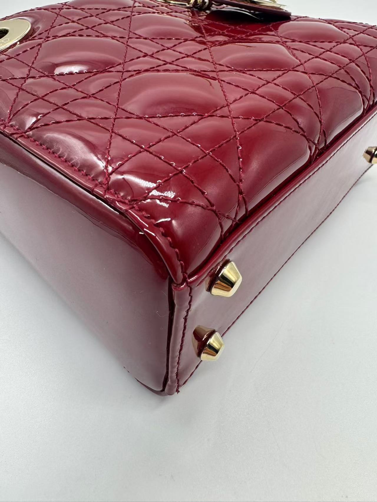 Pre-owned Certified Dior Mini Lady Dior in Dark Red Patent Leather with Golden Hardware, 2019, w/ Full set