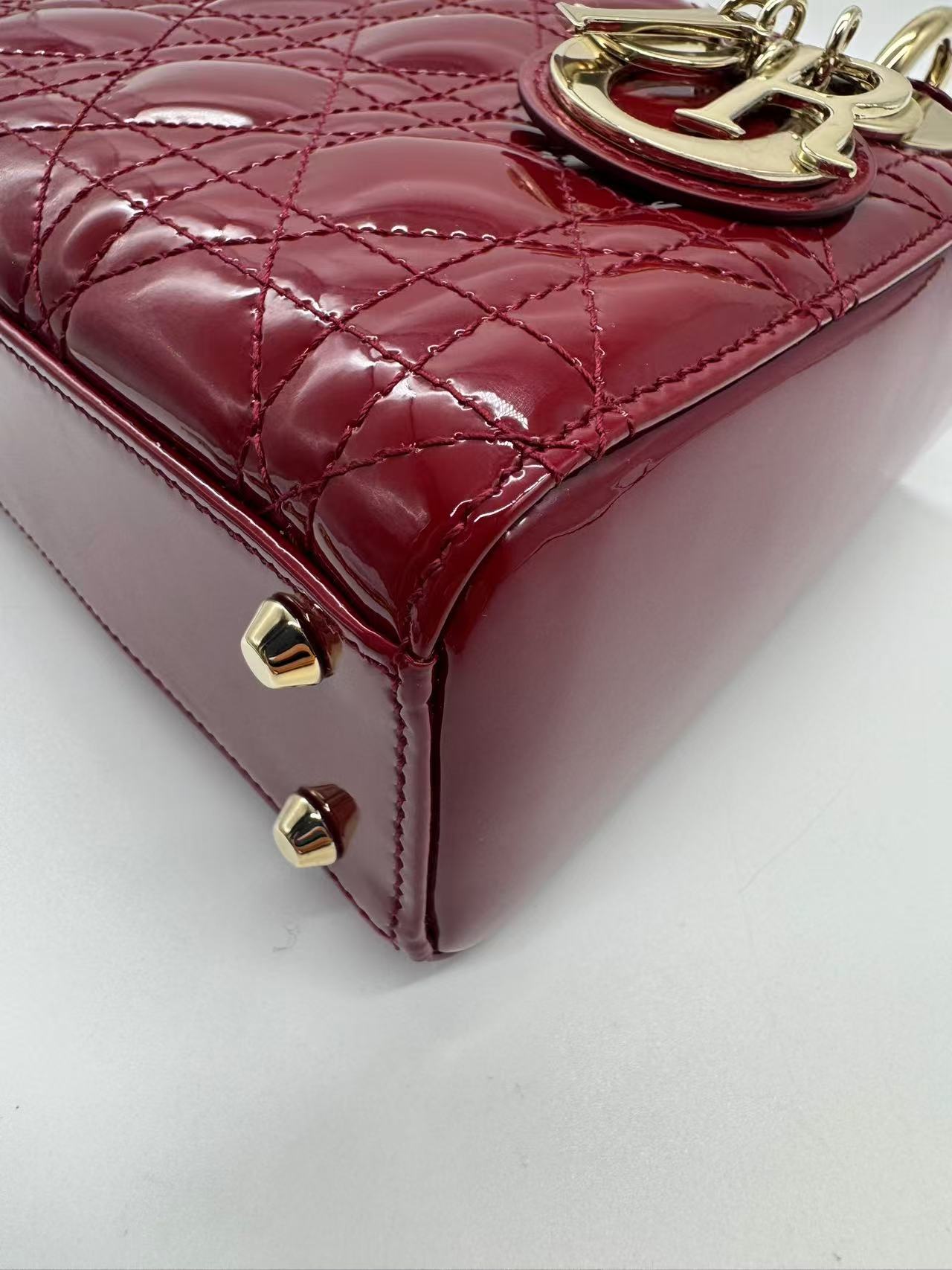 Pre-owned Certified Dior Mini Lady Dior in Dark Red Patent Leather with Golden Hardware, 2019, w/ Full set