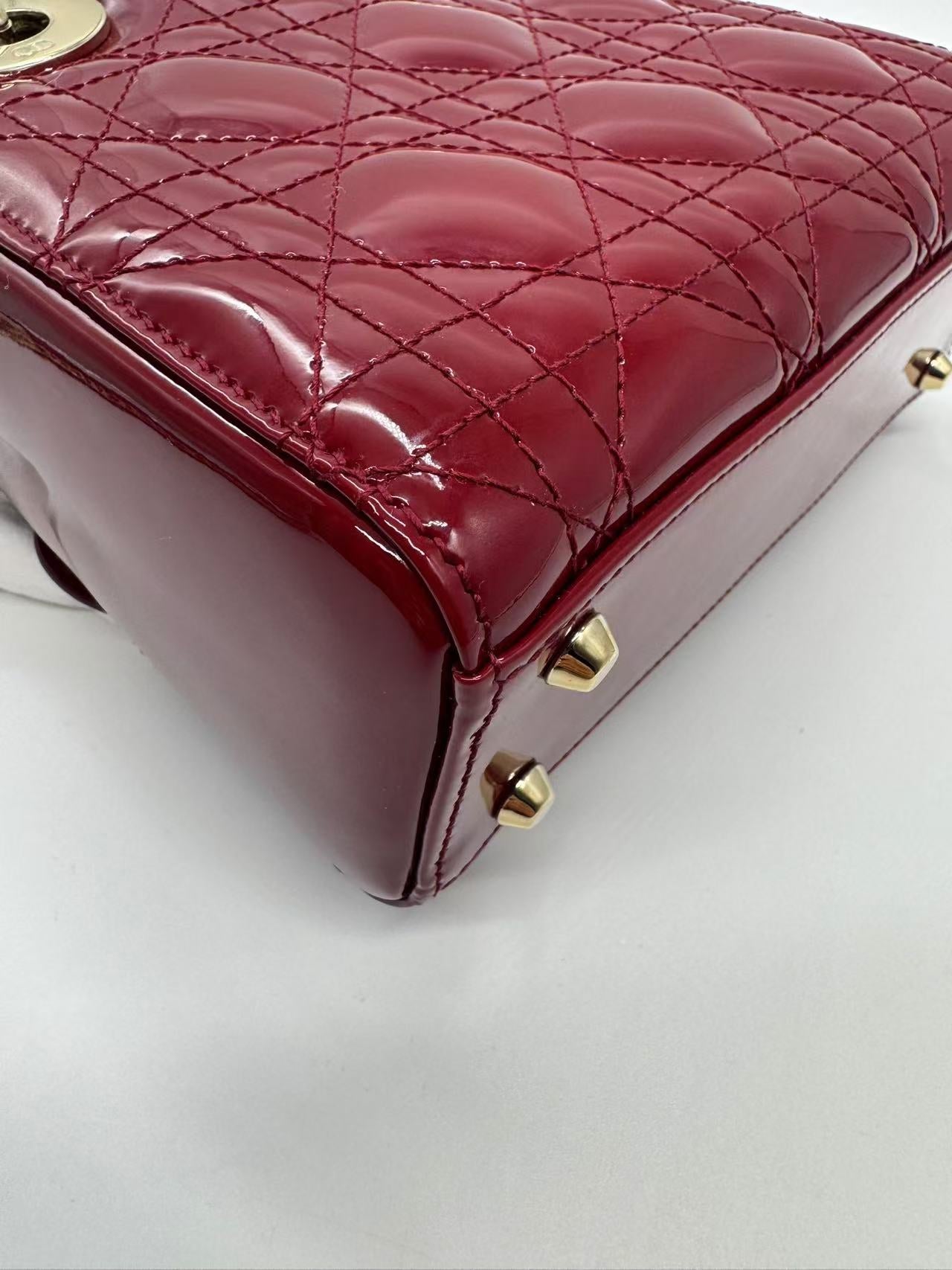 Pre-owned Certified Dior Mini Lady Dior in Dark Red Patent Leather with Golden Hardware, 2019, w/ Full set
