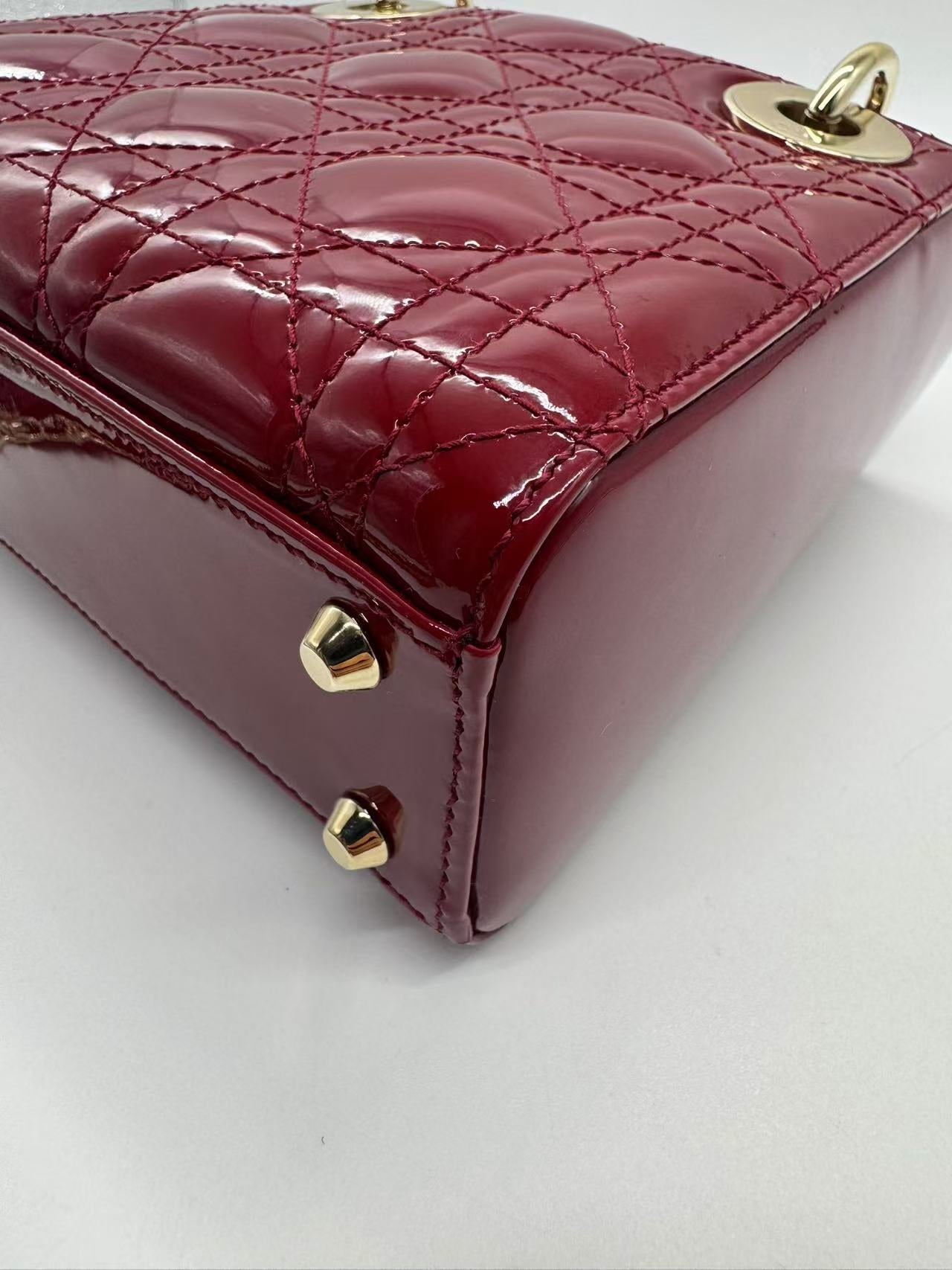 Pre-owned Certified Dior Mini Lady Dior in Dark Red Patent Leather with Golden Hardware, 2019, w/ Full set