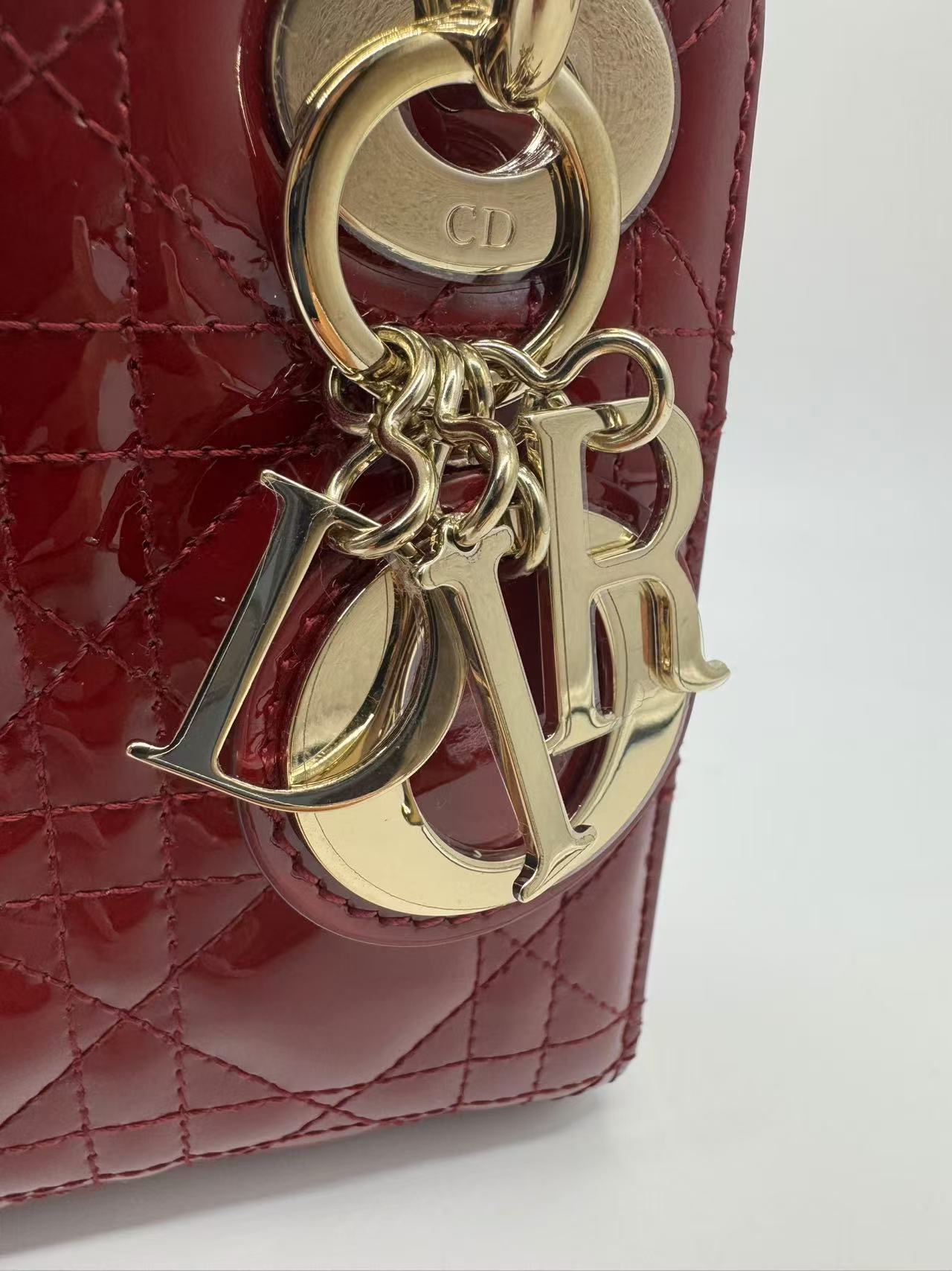Pre-owned Certified Dior Mini Lady Dior in Dark Red Patent Leather with Golden Hardware, 2019, w/ Full set