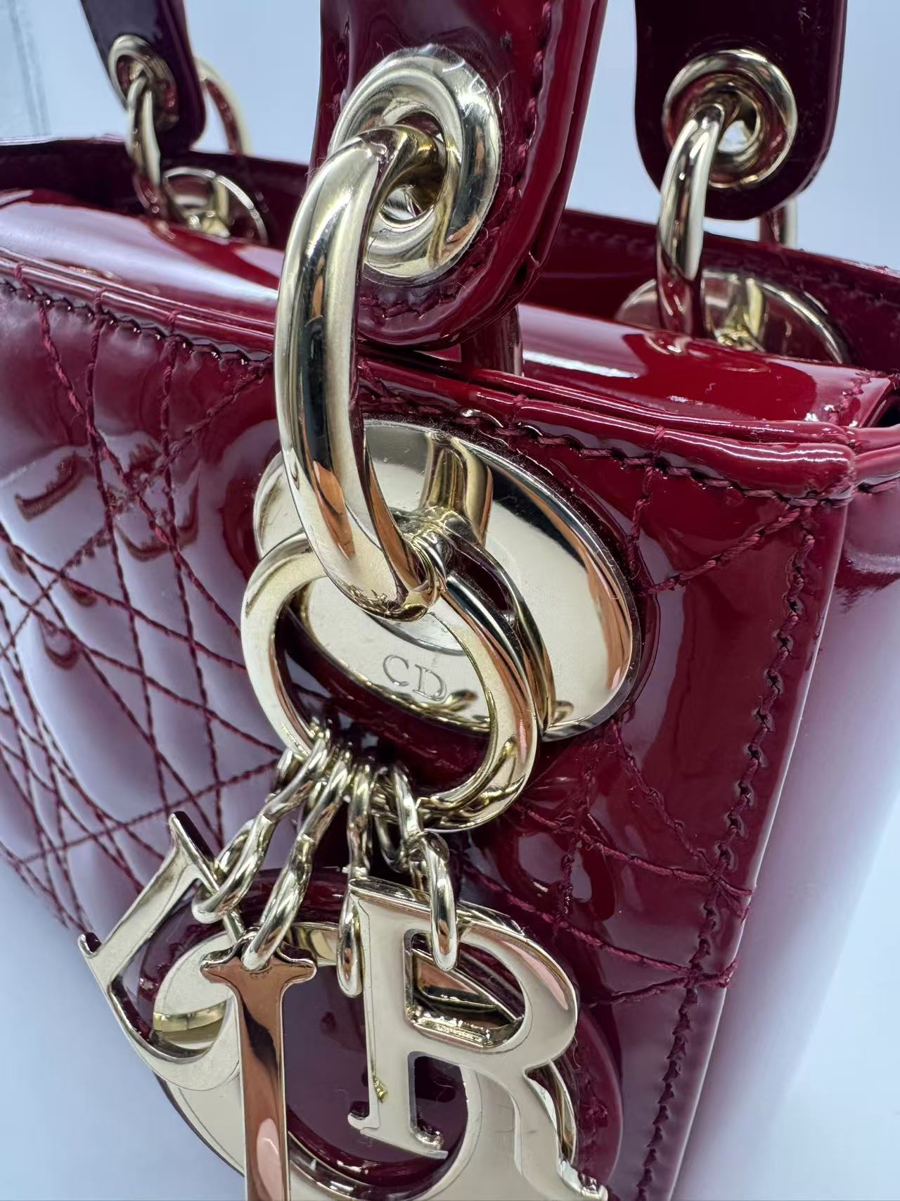 Pre-owned Certified Dior Mini Lady Dior in Dark Red Patent Leather with Golden Hardware, 2019, w/ Full set