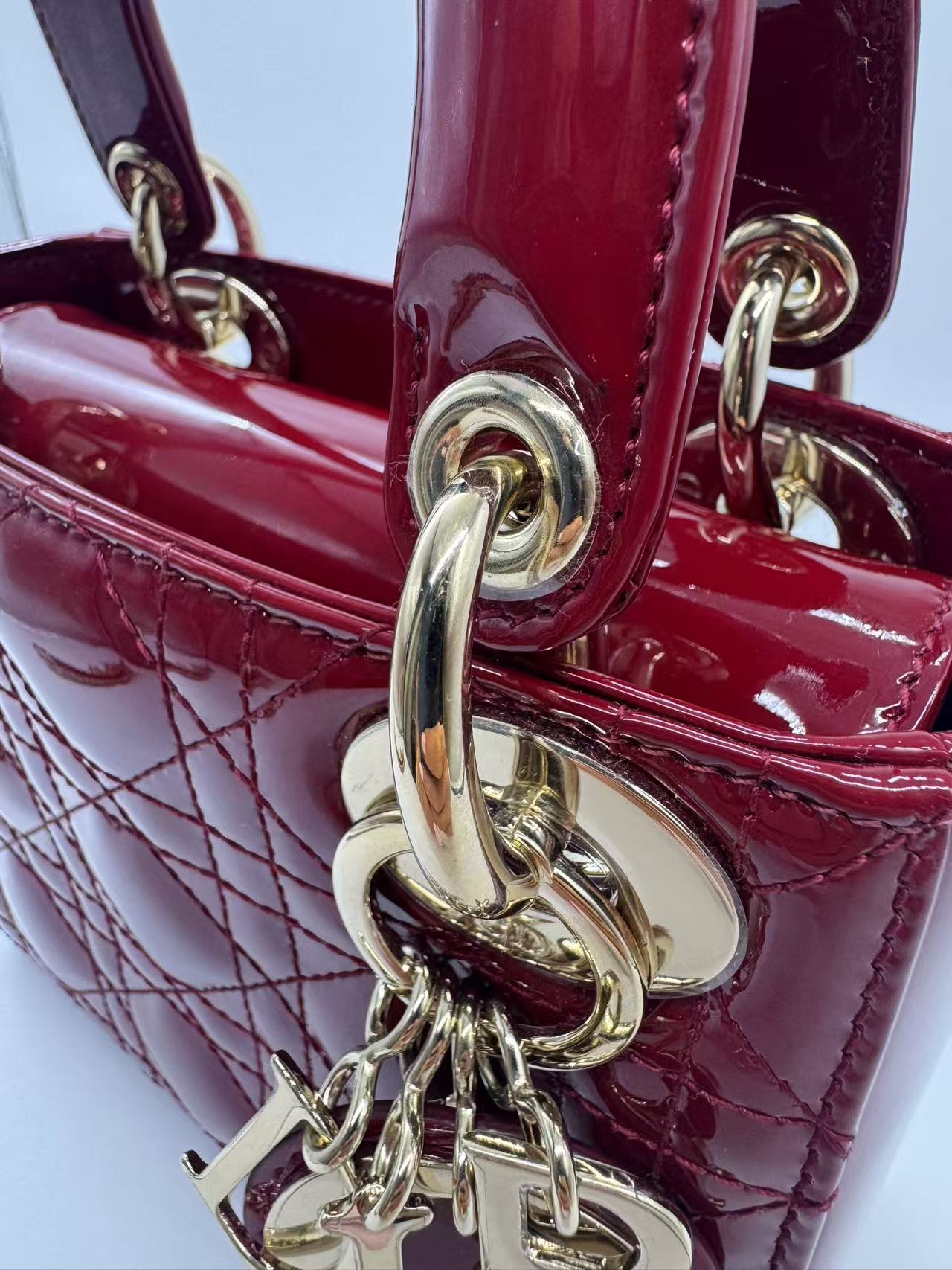 Pre-owned Certified Dior Mini Lady Dior in Dark Red Patent Leather with Golden Hardware, 2019, w/ Full set