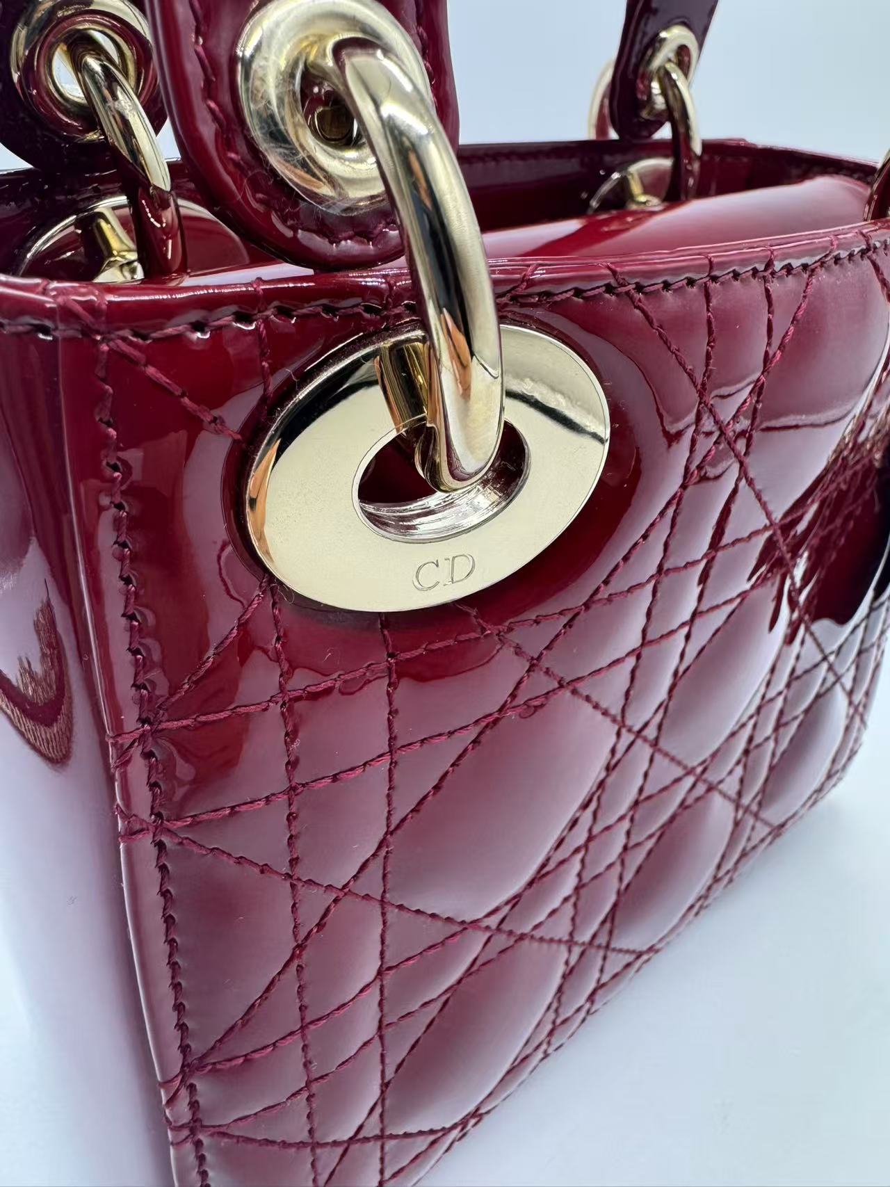 Pre-owned Certified Dior Mini Lady Dior in Dark Red Patent Leather with Golden Hardware, 2019, w/ Full set