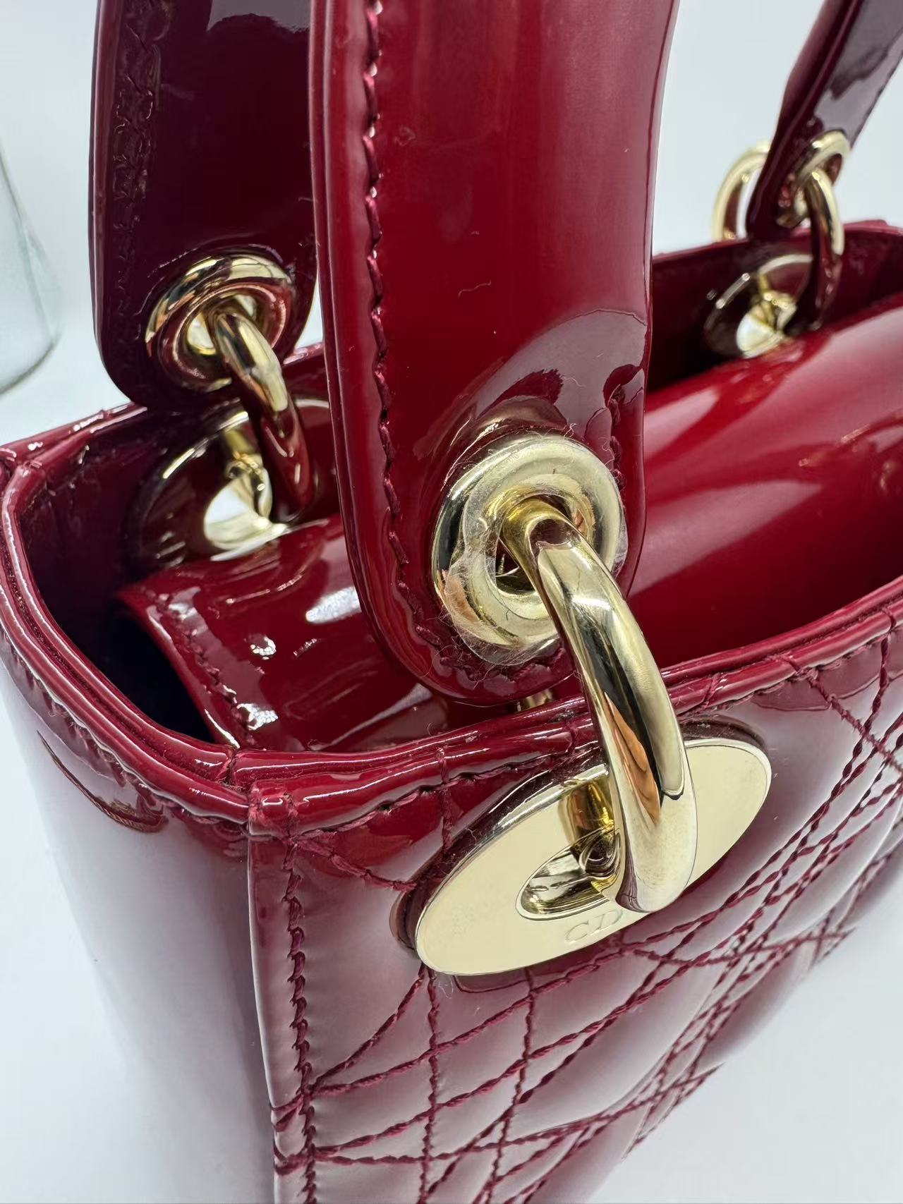 Pre-owned Certified Dior Mini Lady Dior in Dark Red Patent Leather with Golden Hardware, 2019, w/ Full set