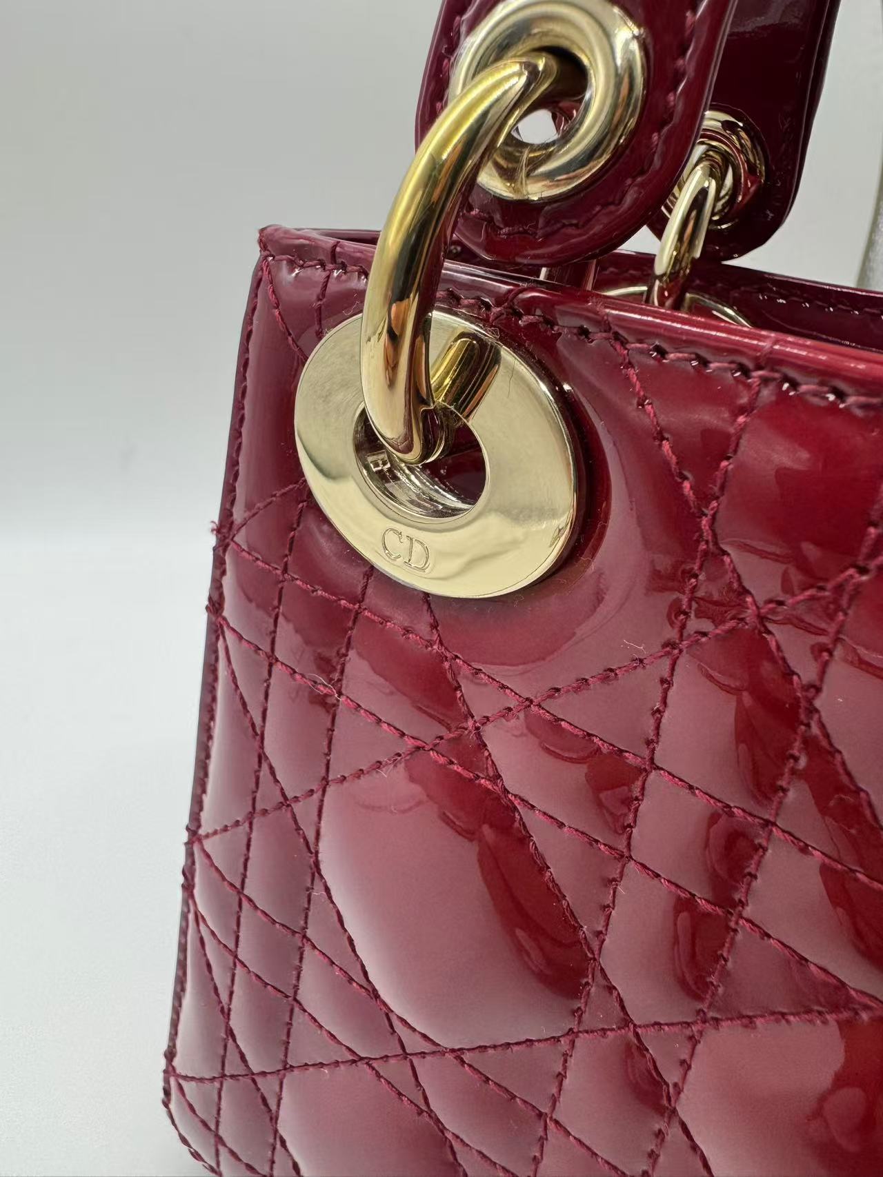 Pre-owned Certified Dior Mini Lady Dior in Dark Red Patent Leather with Golden Hardware, 2019, w/ Full set