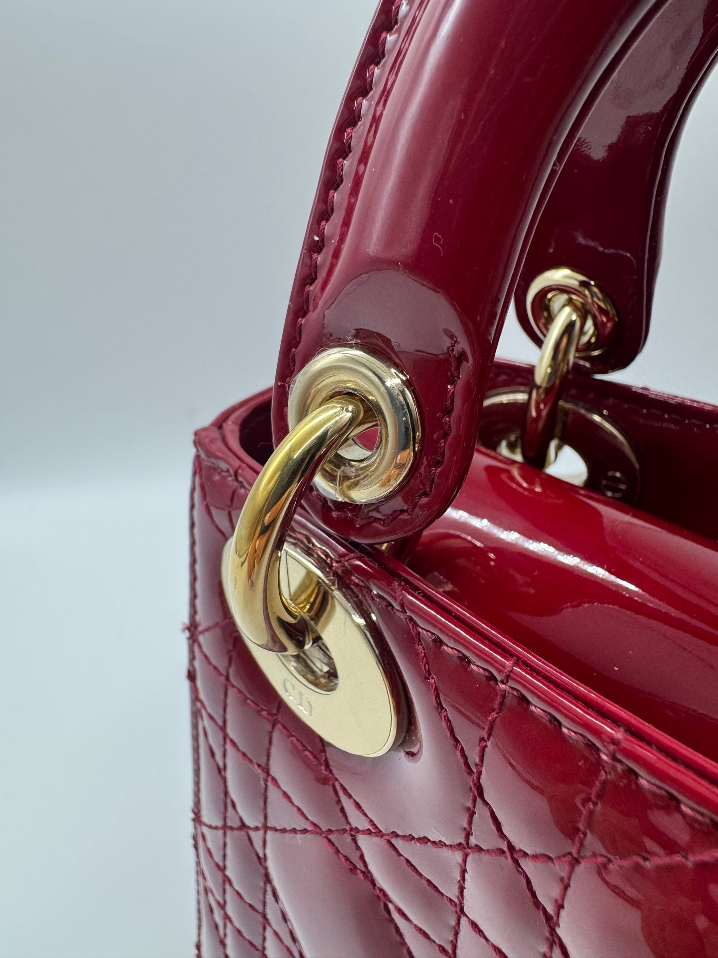 Pre-owned Certified Dior Mini Lady Dior in Dark Red Patent Leather with Golden Hardware, 2019, w/ Full set