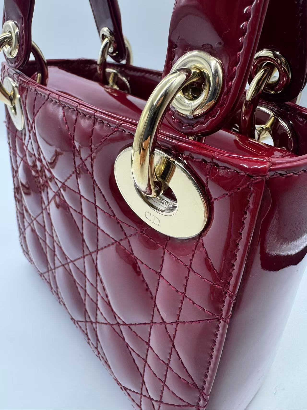 Pre-owned Certified Dior Mini Lady Dior in Dark Red Patent Leather with Golden Hardware, 2019, w/ Full set