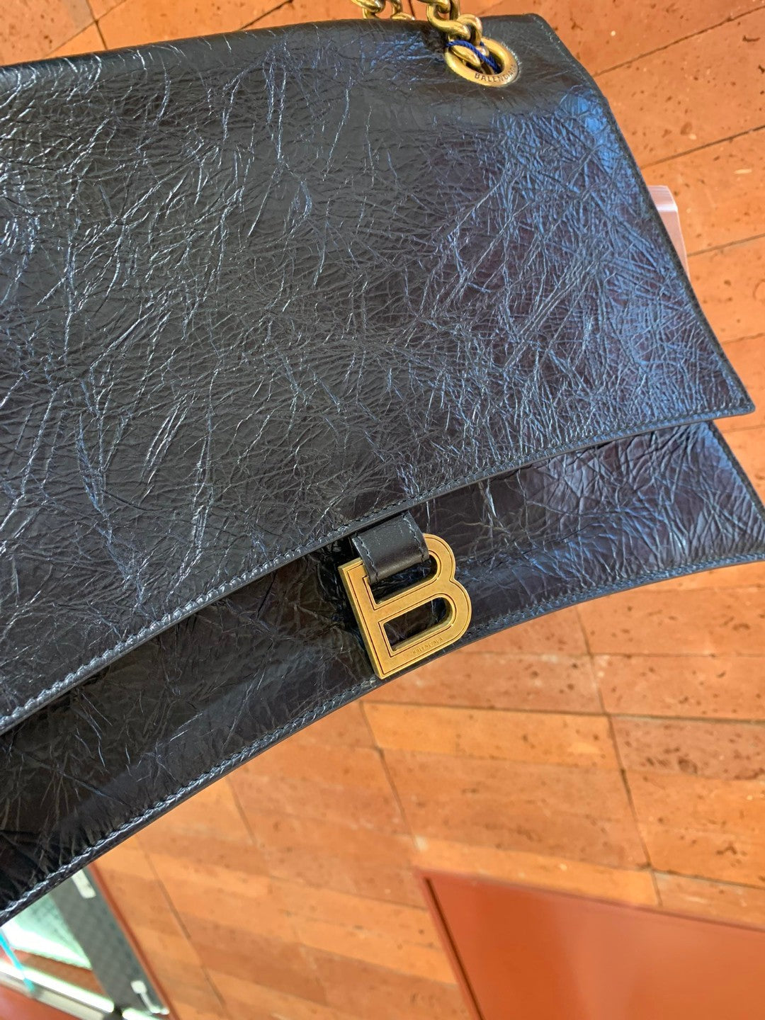 Pre-owned Certified Balenciaga Crush Chain Bag Medium Black Crushed Calfskin Golden Hardware, w/ dust bag