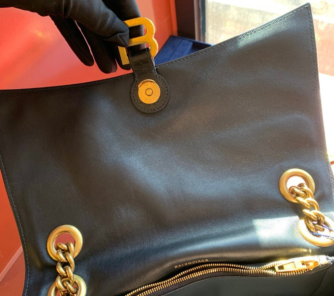 Pre-owned Certified Balenciaga Crush Chain Bag Medium Black Crushed Calfskin Golden Hardware, w/ dust bag