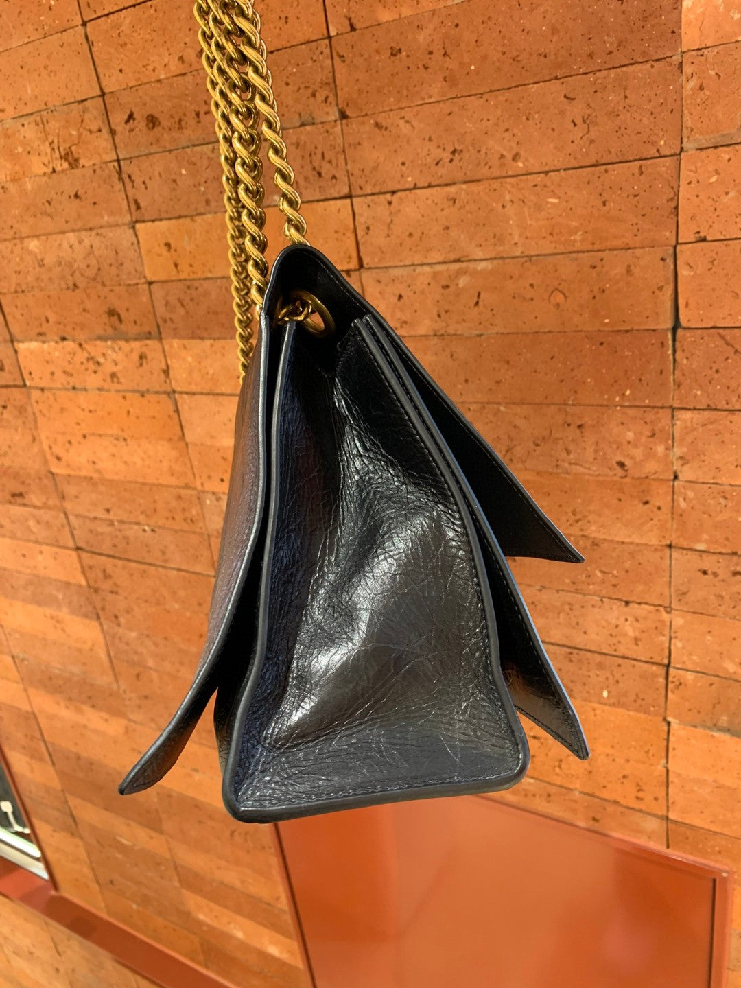 Pre-owned Certified Balenciaga Crush Chain Bag Medium Black Crushed Calfskin Golden Hardware, w/ dust bag