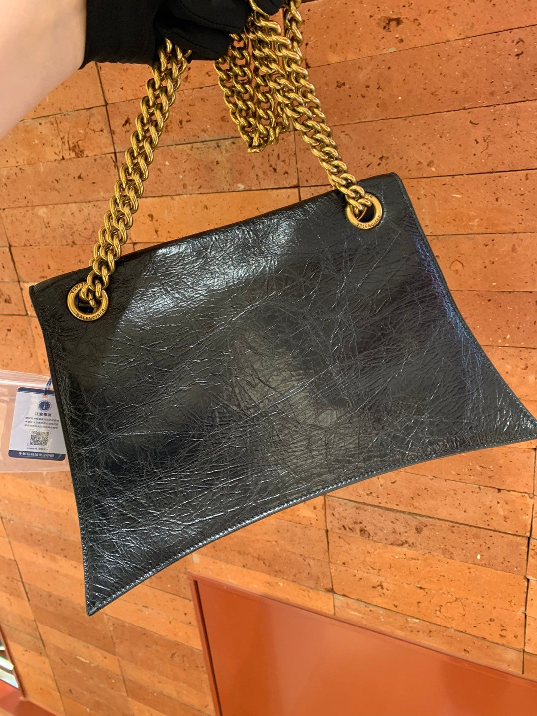 Pre-owned Certified Balenciaga Crush Chain Bag Medium Black Crushed Calfskin Golden Hardware, w/ dust bag
