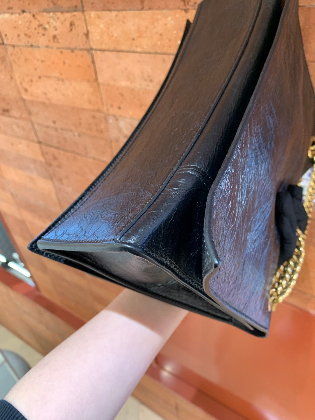 Pre-owned Certified Balenciaga Crush Chain Bag Medium Black Crushed Calfskin Golden Hardware, w/ dust bag