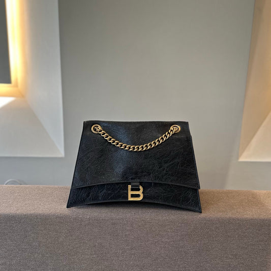 Pre-owned Certified Balenciaga Crush Chain Bag Medium Black Crushed Calfskin Golden Hardware, w/ dust bag