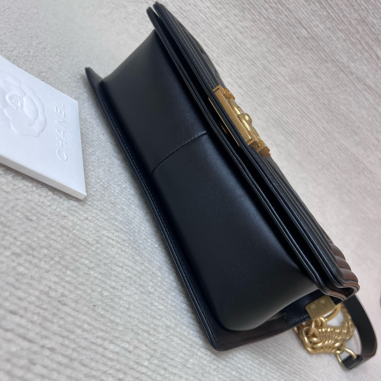 Pre-owned Chanel Le Boy Medium Black Calfskin Golden Hw, Microchipped, Full Set