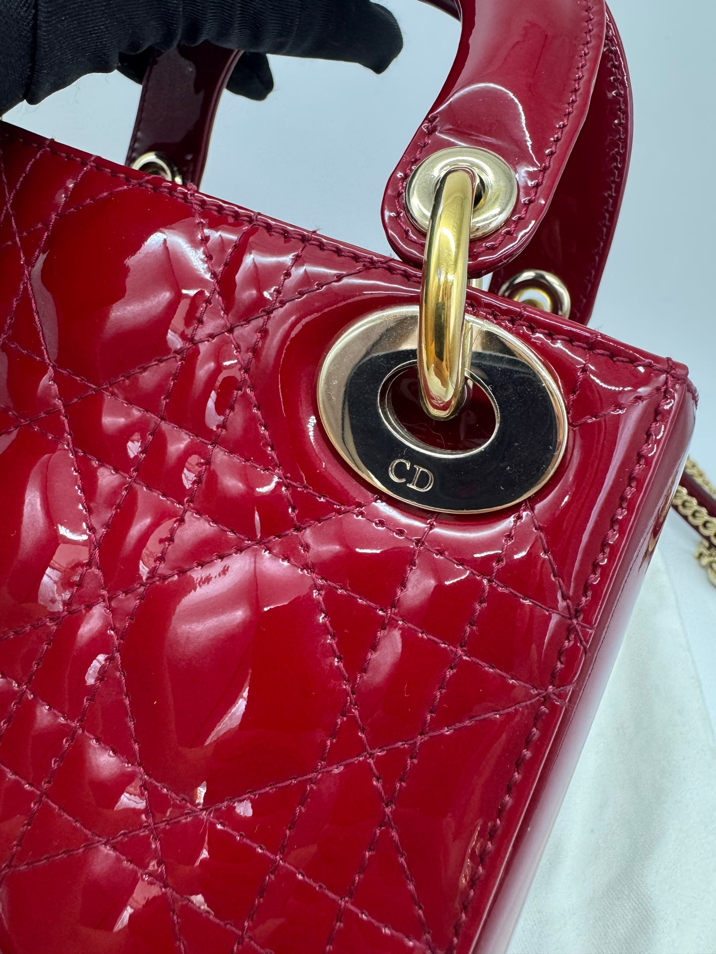 Pre-owned Certified Lady Dior Mini Dark Cherry Red Patent Leather Golden Hardware, 2017, w/ full set