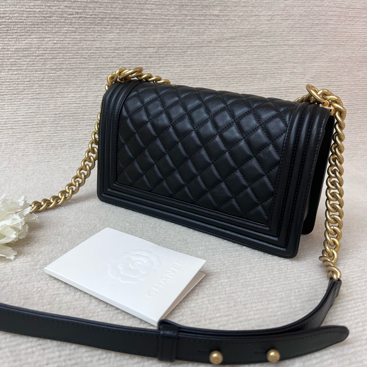 Pre-owned Chanel Le Boy Medium Black Calfskin Golden Hw, Microchipped, Full Set