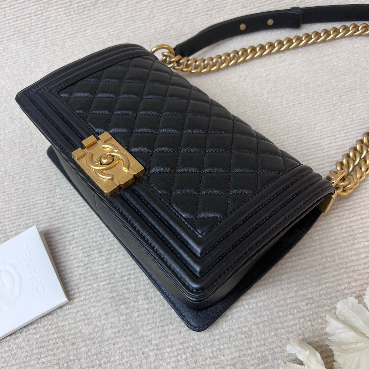 Pre-owned Chanel Le Boy Medium Black Calfskin Golden Hw, Microchipped, Full Set
