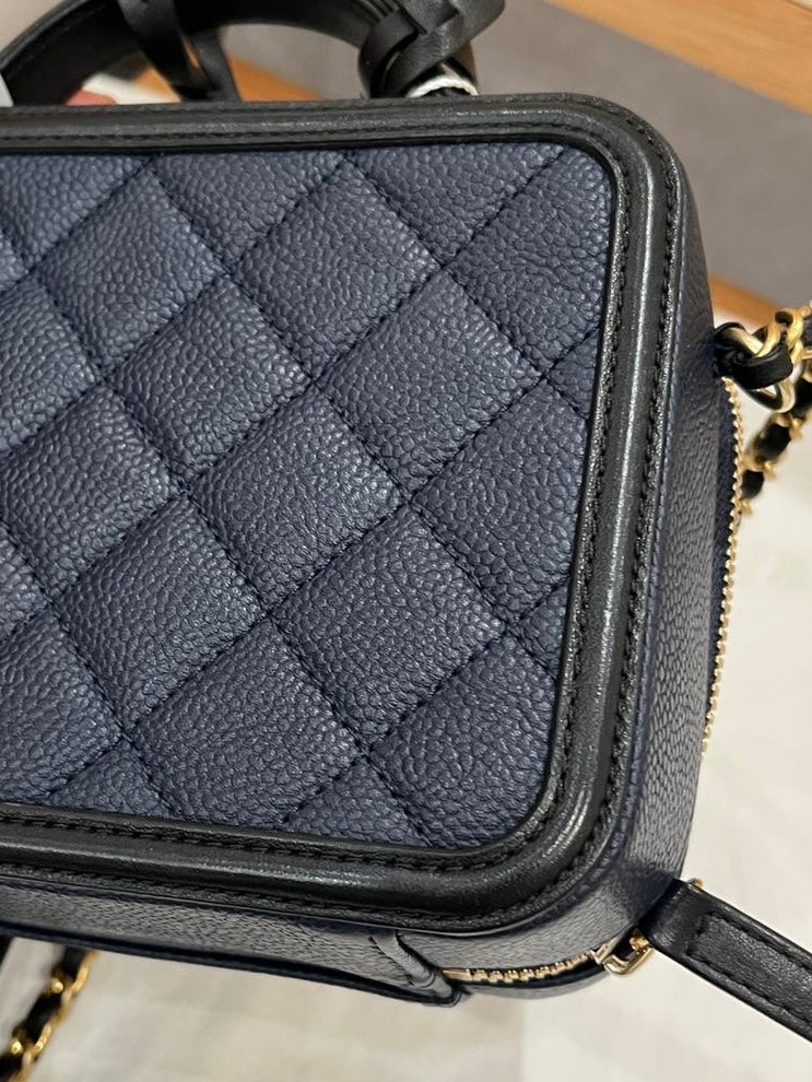 Pre-owned Certified Chanel Filigree Vanity Top Handle Navy Blue Caviar Leather Golden Hw, 2016, w/ Chanel card, dust bag, lock & key