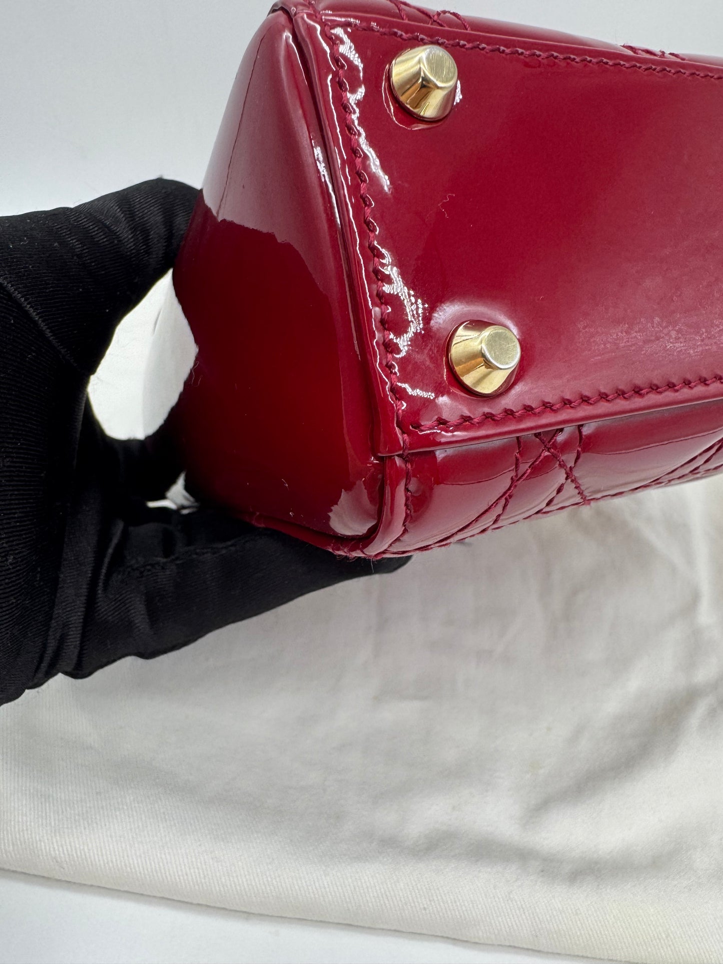 Pre-owned Certified Lady Dior Mini Dark Cherry Red Patent Leather Golden Hardware, 2017, w/ full set