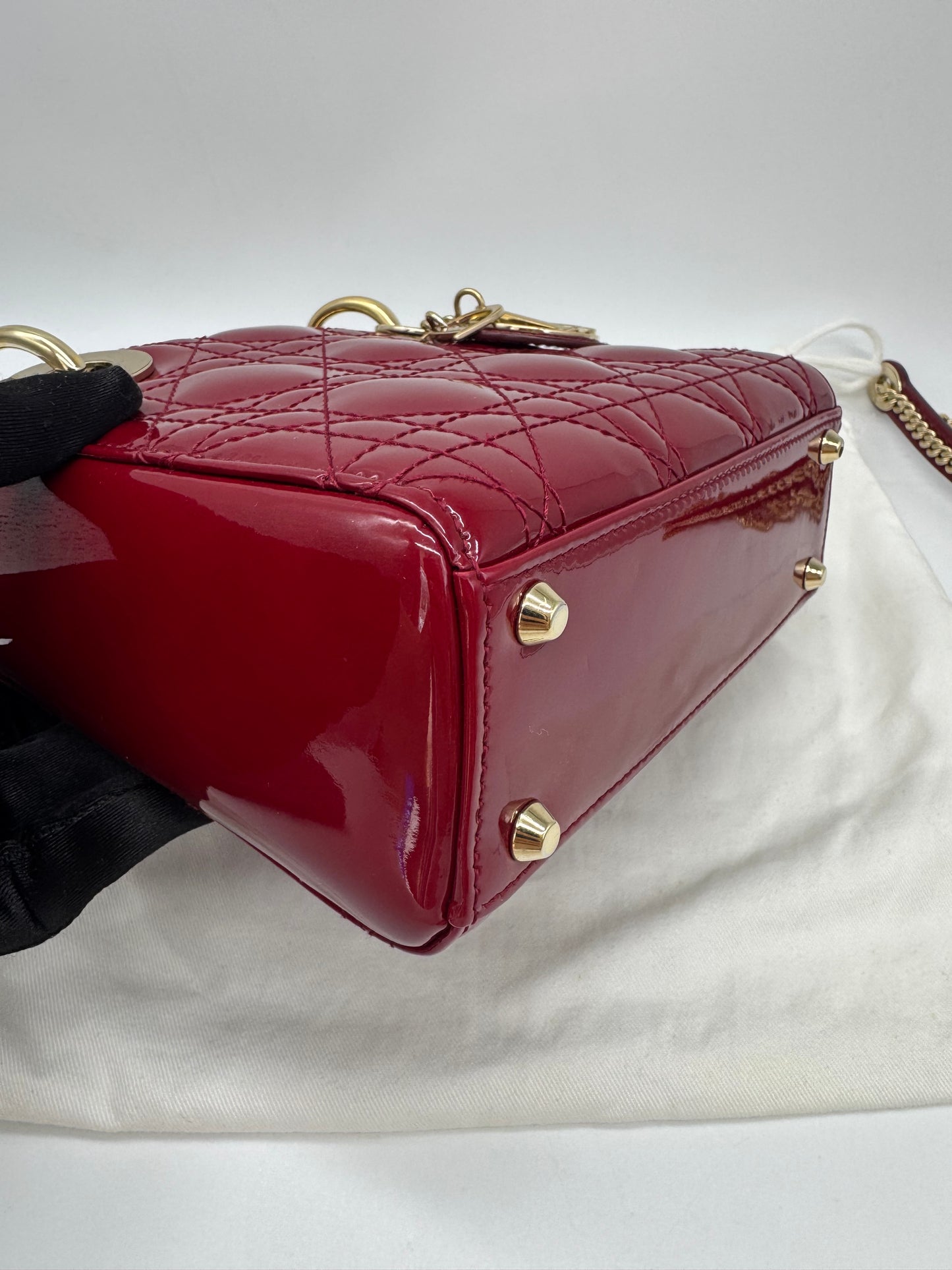 Pre-owned Certified Lady Dior Mini Dark Cherry Red Patent Leather Golden Hardware, 2017, w/ full set